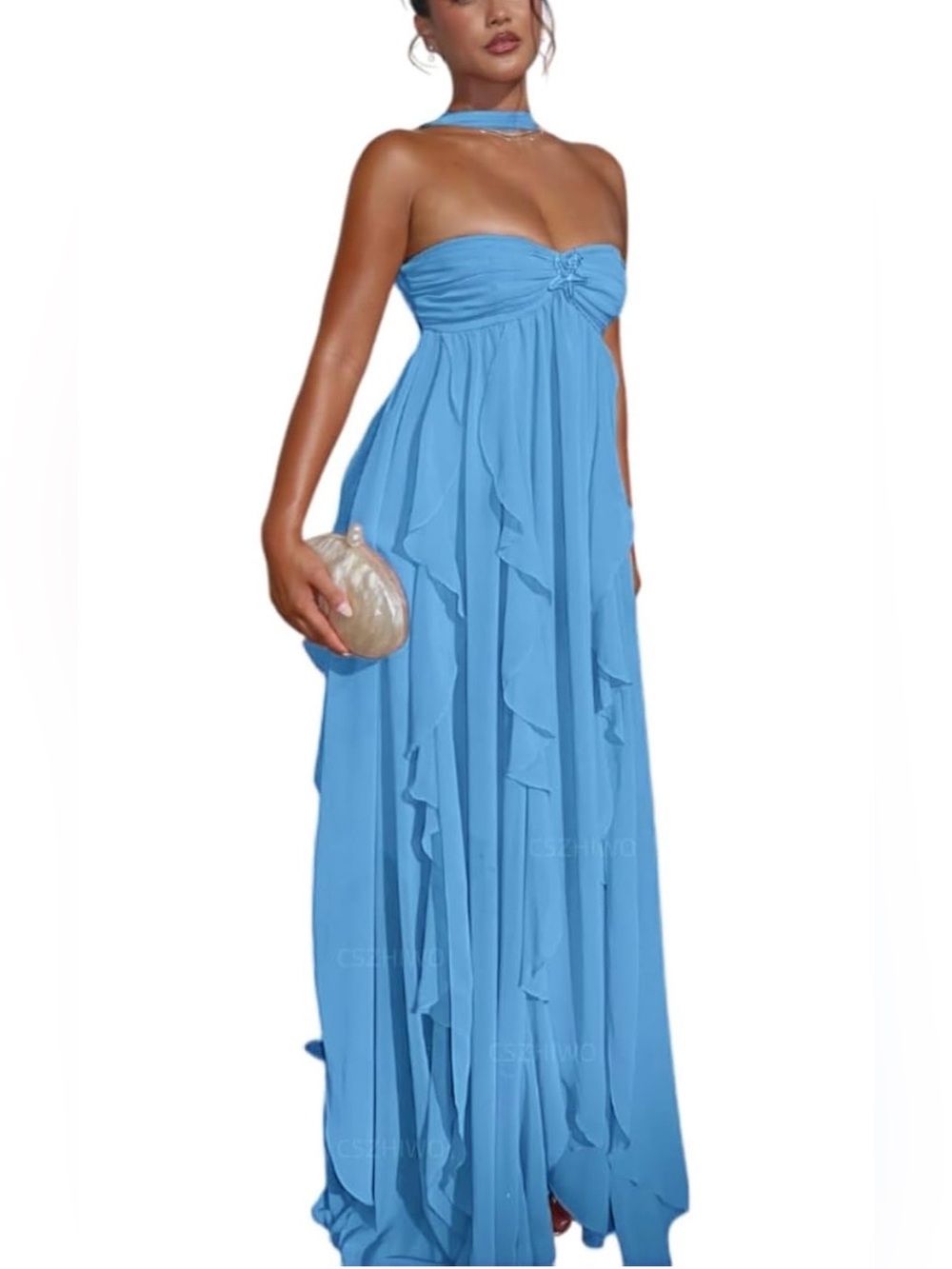 Strapless Ruffle Maxi Dress in Light Blue